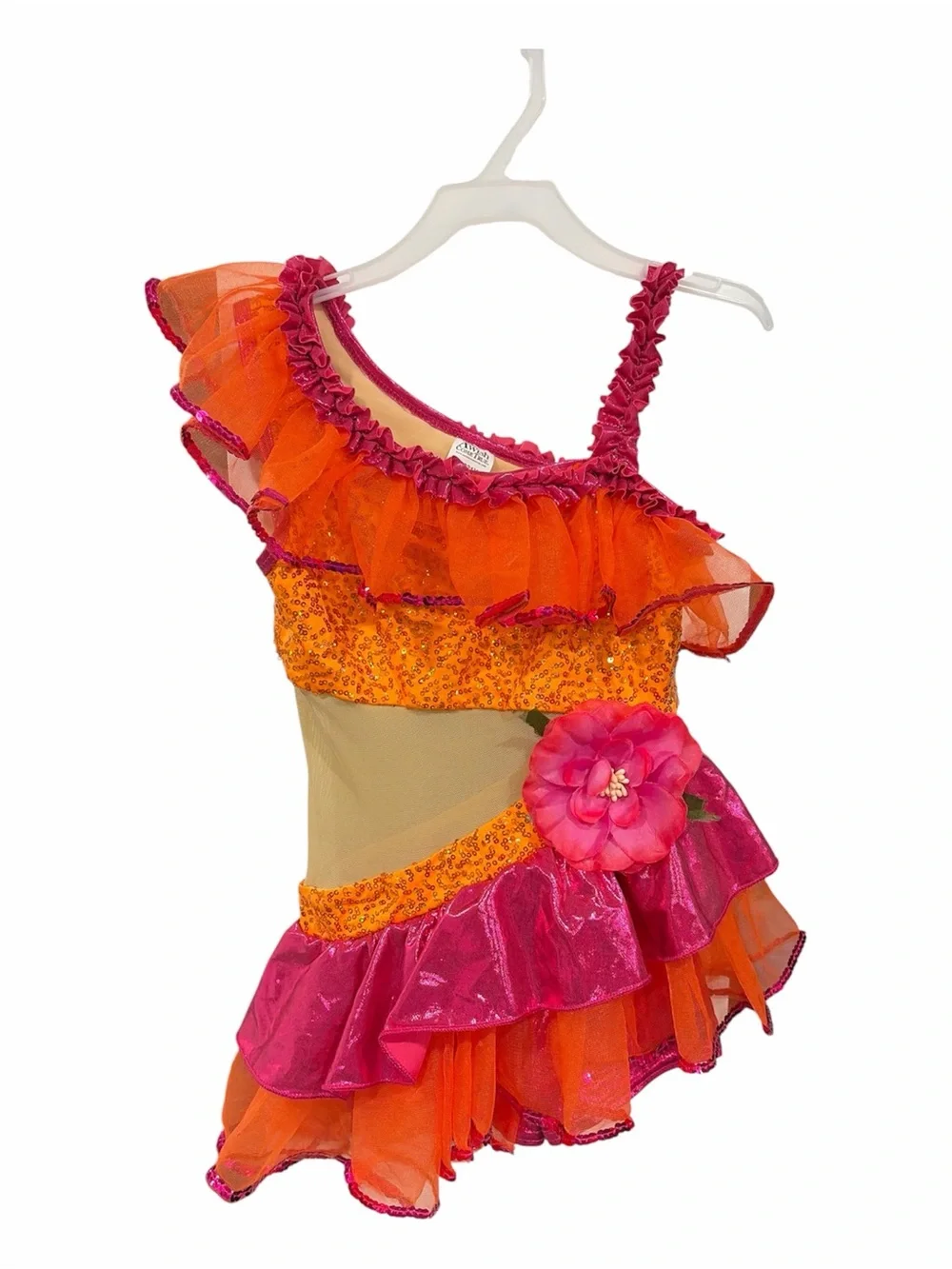 Girls Bright Pink & Orange Floral Dance Costume - Sparkle Stage Dress